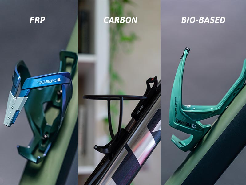 Elite bottle cage material made from FRP, Carbon, and Bio Based