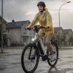 Riding an electric bicycle in the light rain