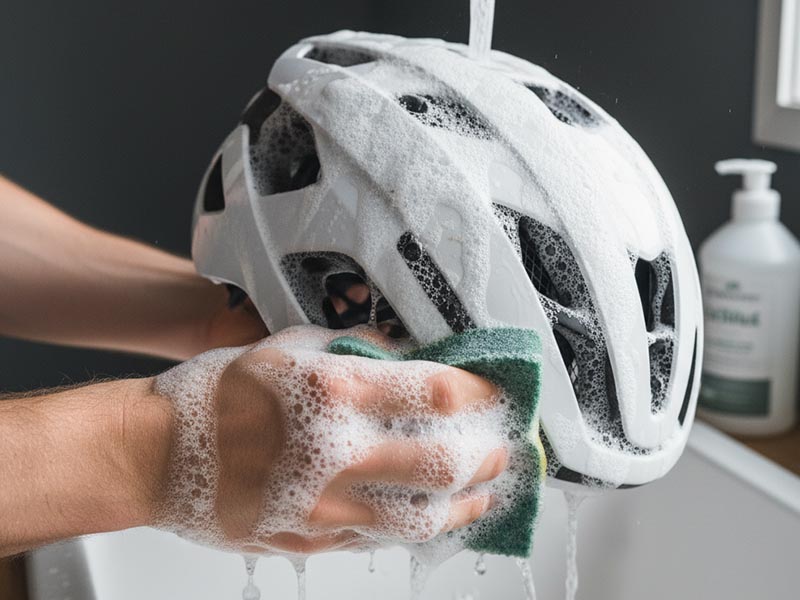 Cleaning a bike helmet with a mild soap