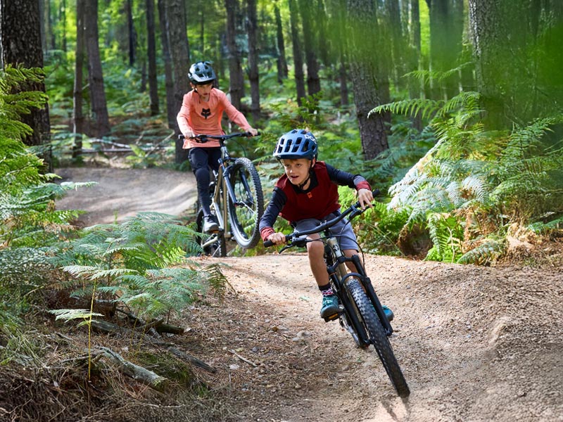 Fun kids mountain bike riding under parent supervision